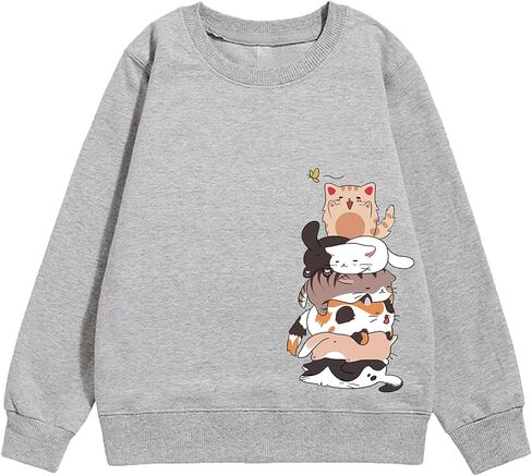 Tuislay Cute Cat Graphic Sweatshirt for Girls Kawaii Cartoon Sweatshirts Kids Anime Printed Tops Long Sleeve Shirts Pullover in Saudi Arabia