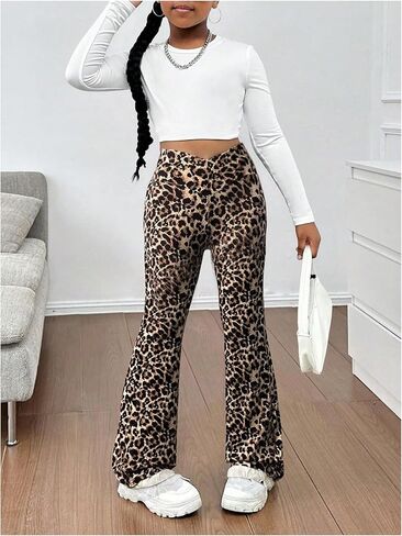 OYOANGLE Girl's Leopard Flared Leggings Crossover Skinny Bell Bottoms Cheetah Print Yoga Dance Pants in Saudi Arabia