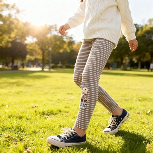 Striped Cotton Ribbed Leggings with Cute Rabbit Embroidery Patch, Soft Stretchy Casual Pants for Girls in Saudi Arabia