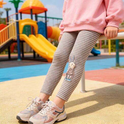 Striped Cotton Ribbed Leggings with Cute Rabbit Embroidery Patch, Soft Stretchy Casual Pants for Girls in Saudi Arabia