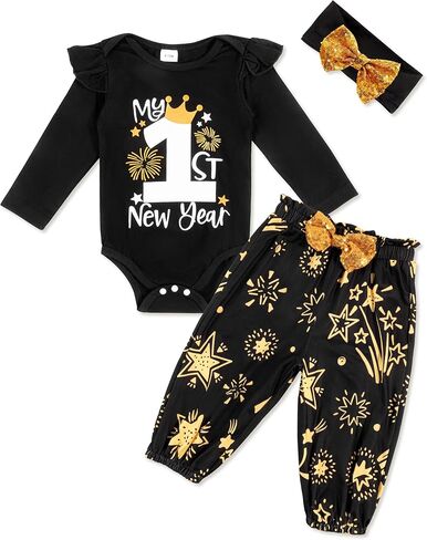 طقم ملابس للفتيات الصغيرات بأكمام طويلة مكشكش من My First New Years، هدية للحفلات، عصابة رأس مكونة من 3 قطع in Kuwait