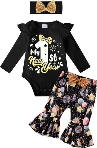 طقم ملابس للفتيات الصغيرات بأكمام طويلة مكشكش من My First New Years، هدية للحفلات، عصابة رأس مكونة من 3 قطع in Kuwait