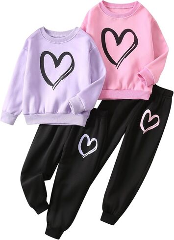 Girls Graphic 4 Piece Outfits Heart Print Workout Hoodie and Sweatpants Fall Winter Clothing Set 4-12 Years in Saudi Arabia