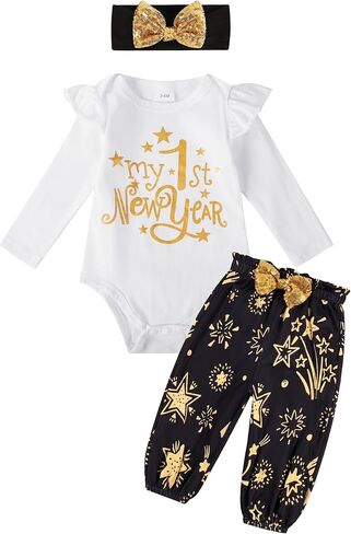 طقم ملابس للفتيات الصغيرات بأكمام طويلة مكشكش من My First New Years، هدية للحفلات، عصابة رأس مكونة من 3 قطع in Kuwait