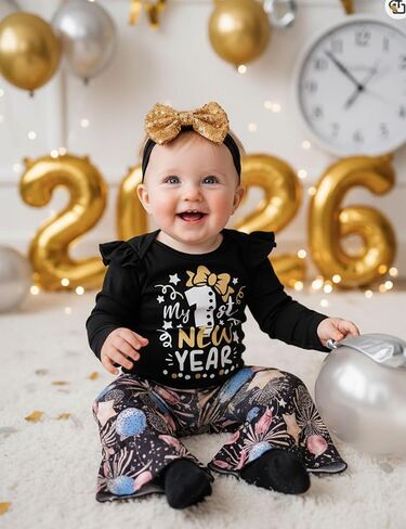 طقم ملابس للفتيات الصغيرات بأكمام طويلة مكشكش من My First New Years، هدية للحفلات، عصابة رأس مكونة من 3 قطع in Kuwait