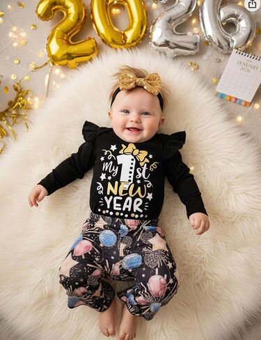 طقم ملابس للفتيات الصغيرات بأكمام طويلة مكشكش من My First New Years، هدية للحفلات، عصابة رأس مكونة من 3 قطع in Kuwait