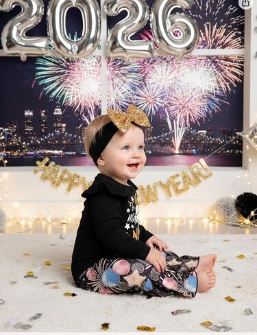 طقم ملابس للفتيات الصغيرات بأكمام طويلة مكشكش من My First New Years، هدية للحفلات، عصابة رأس مكونة من 3 قطع in Kuwait