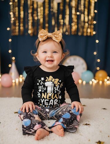 طقم ملابس للفتيات الصغيرات بأكمام طويلة مكشكش من My First New Years، هدية للحفلات، عصابة رأس مكونة من 3 قطع in Kuwait