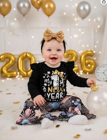 طقم ملابس للفتيات الصغيرات بأكمام طويلة مكشكش من My First New Years، هدية للحفلات، عصابة رأس مكونة من 3 قطع in Kuwait