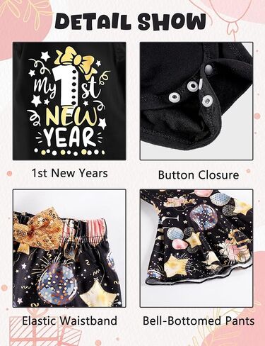 طقم ملابس للفتيات الصغيرات بأكمام طويلة مكشكش من My First New Years، هدية للحفلات، عصابة رأس مكونة من 3 قطع in Kuwait