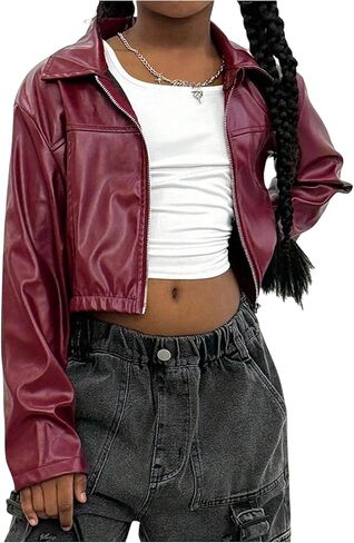 سترة للفتيات من الجلد الصناعي بسحاب وأكمام طويلة وياقة ملابس خارجية خفيفة الوزن in Kuwait