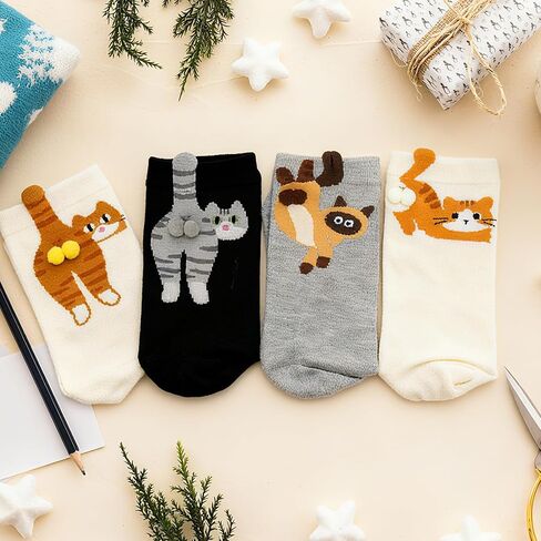 4 Pairs Cute Cat Socks with Balls, Women's Cat Socks, 3D Novelty Cotton Funny Animal Crew Sock for Women Cats Lovers Gifts in Kuwait