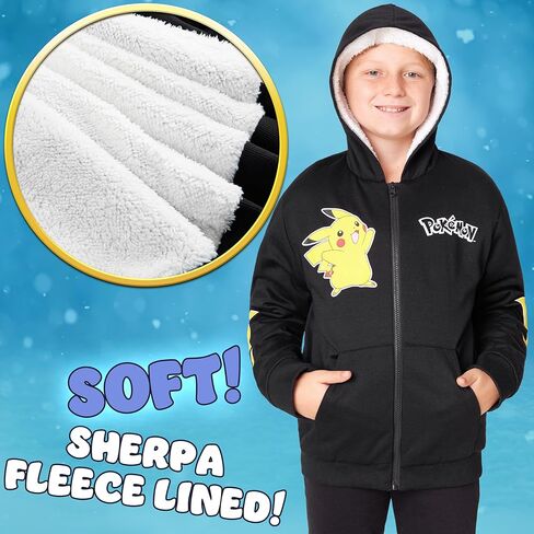 Pokemon Sherpa Fleece Hoodie for Boys, Teens, Ages 7-14, Hooded Zip-Up Sweatshirt, Warm Hoodies, Anime Gifts for Boys in Saudi Arabia