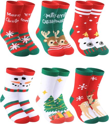 Christmas Socks for Kids Boys Girls Thick Cotton Holiday Socks with Cushion Xmas Sock for Winter, 6 Pairs in Saudi Arabia