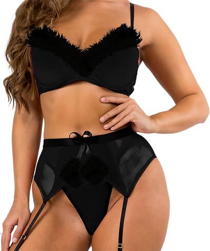 3 Piece Santa Lingerie Christmas Set Velvet Bra Sheer Garter Skirt Thong Faux Fur Trim Outfit (S–XL) in Saudi Arabia