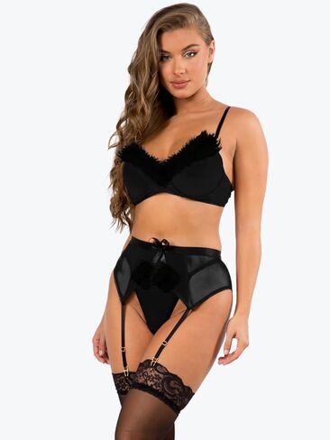 3 Piece Santa Lingerie Christmas Set Velvet Bra Sheer Garter Skirt Thong Faux Fur Trim Outfit (S–XL) in Saudi Arabia