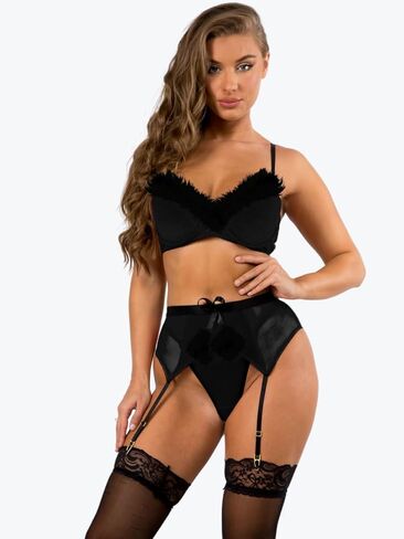 3 Piece Santa Lingerie Christmas Set Velvet Bra Sheer Garter Skirt Thong Faux Fur Trim Outfit (S–XL) in Saudi Arabia