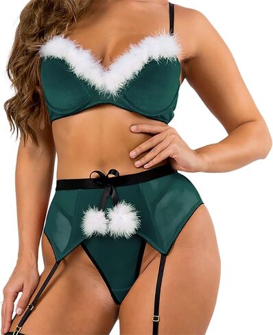 3 Piece Santa Lingerie Christmas Set Velvet Bra Sheer Garter Skirt Thong Faux Fur Trim Outfit (S–XL) in Saudi Arabia