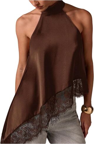 Milumia Women's Y2k Halter Mock Neck Sleeveless Top Lace Asymmetrical Hem Going Out Tank Tops in Saudi Arabia
