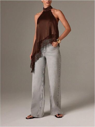 Milumia Women's Y2k Halter Mock Neck Sleeveless Top Lace Asymmetrical Hem Going Out Tank Tops in Saudi Arabia