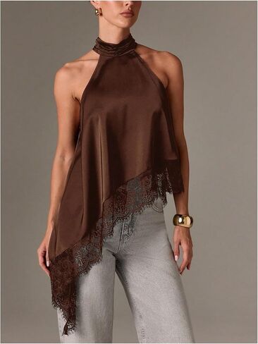 Milumia Women's Y2k Halter Mock Neck Sleeveless Top Lace Asymmetrical Hem Going Out Tank Tops in Saudi Arabia