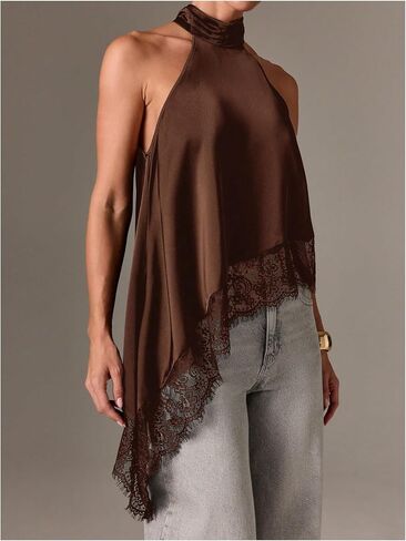 Milumia Women's Y2k Halter Mock Neck Sleeveless Top Lace Asymmetrical Hem Going Out Tank Tops in Saudi Arabia