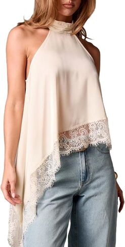 Milumia Women's Y2k Halter Mock Neck Sleeveless Top Lace Asymmetrical Hem Going Out Tank Tops in Saudi Arabia