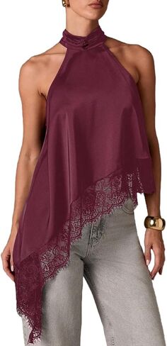 Milumia Women's Y2k Halter Mock Neck Sleeveless Top Lace Asymmetrical Hem Going Out Tank Tops in Saudi Arabia