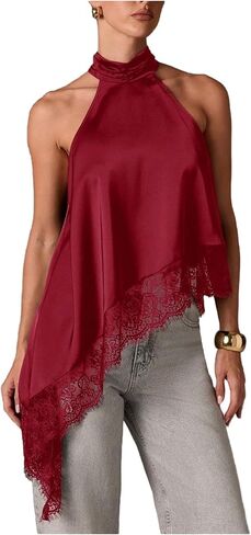 Milumia Women's Y2k Halter Mock Neck Sleeveless Top Lace Asymmetrical Hem Going Out Tank Tops in Saudi Arabia