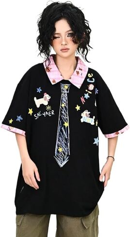 Y2k Vintage Kawaii Puppy Tie Print Plaid Patchwork Harajuku Polo Short Sleeve T-Shirt Preppy Cute Loose Casual Tops in Kuwait