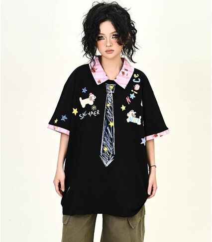 Y2k Vintage Kawaii Puppy Tie Print Plaid Patchwork Harajuku Polo Short Sleeve T-Shirt Preppy Cute Loose Casual Tops in Kuwait