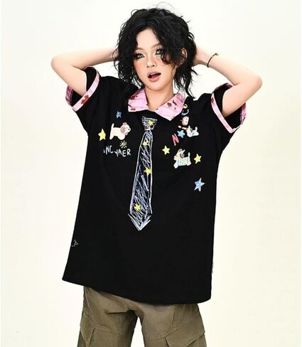 Y2k Vintage Kawaii Puppy Tie Print Plaid Patchwork Harajuku Polo Short Sleeve T-Shirt Preppy Cute Loose Casual Tops in Kuwait