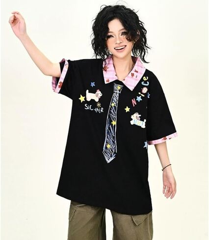 Y2k Vintage Kawaii Puppy Tie Print Plaid Patchwork Harajuku Polo Short Sleeve T-Shirt Preppy Cute Loose Casual Tops in Kuwait