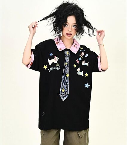 Y2k Vintage Kawaii Puppy Tie Print Plaid Patchwork Harajuku Polo Short Sleeve T-Shirt Preppy Cute Loose Casual Tops in Kuwait