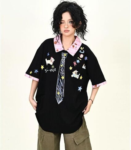 Y2k Vintage Kawaii Puppy Tie Print Plaid Patchwork Harajuku Polo Short Sleeve T-Shirt Preppy Cute Loose Casual Tops in Kuwait