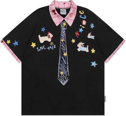Y2k Vintage Kawaii Puppy Tie Print Plaid Patchwork Harajuku Polo Short Sleeve T-Shirt Preppy Cute Loose Casual Tops in Kuwait