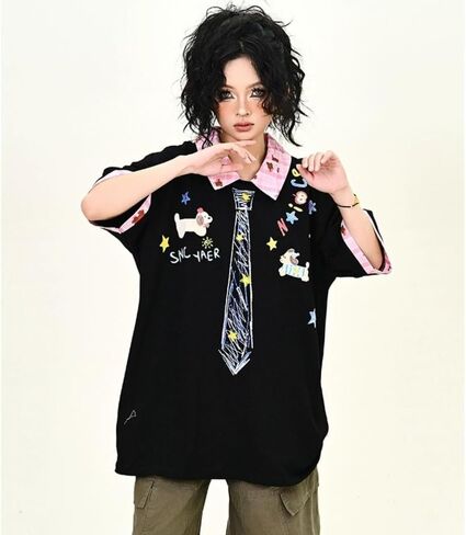 Y2k Vintage Kawaii Puppy Tie Print Plaid Patchwork Harajuku Polo Short Sleeve T-Shirt Preppy Cute Loose Casual Tops in Kuwait