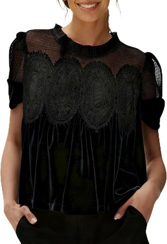 Gozoloma Women's Velvet Lace Blouse Casual Round Neck Short Sleeve Flared Swing Top Elegant Loose Intricate Back Design in Saudi Arabia