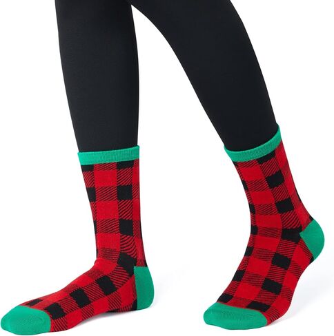 Giggling Getup 6 PCS Christmas Cotton Socks for Women, Plaid Crew Socks for Women Holiday, Christmas Party Gifts for Xmas in Saudi Arabia