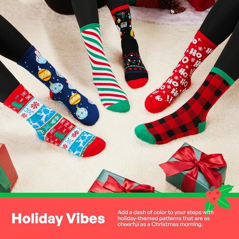 Giggling Getup 6 PCS Christmas Cotton Socks for Women, Plaid Crew Socks for Women Holiday, Christmas Party Gifts for Xmas in Saudi Arabia