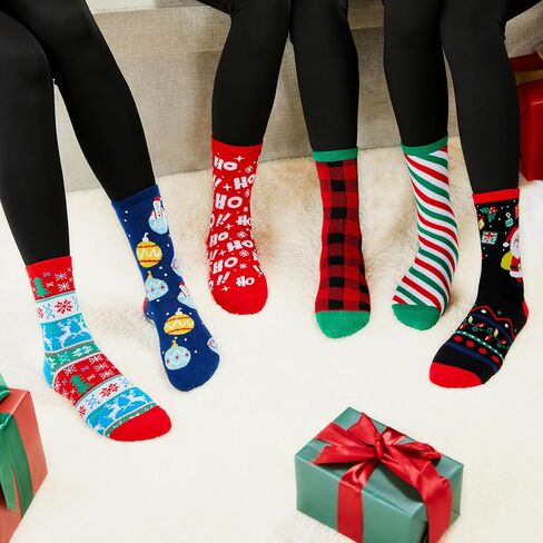 Giggling Getup 6 PCS Christmas Cotton Socks for Women, Plaid Crew Socks for Women Holiday, Christmas Party Gifts for Xmas in Saudi Arabia