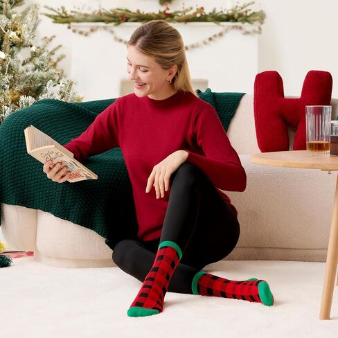 Giggling Getup 6 PCS Christmas Cotton Socks for Women, Plaid Crew Socks for Women Holiday, Christmas Party Gifts for Xmas in Saudi Arabia
