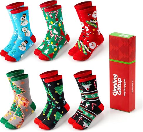 Giggling Getup 6 PCS Christmas Cotton Socks for Women, Plaid Crew Socks for Women Holiday, Christmas Party Gifts for Xmas in Saudi Arabia