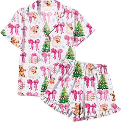 عيد الميلاد منامة مجموعات النساء عيد الميلاد زر أسفل PJS مجموعة الحرير عطلة Vneck ملابس خاصة سانتا قصيرة الأكمام مجموعة ملابس النوم in Kuwait