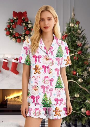 عيد الميلاد منامة مجموعات النساء عيد الميلاد زر أسفل PJS مجموعة الحرير عطلة Vneck ملابس خاصة سانتا قصيرة الأكمام مجموعة ملابس النوم in Kuwait