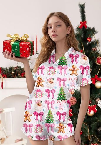 عيد الميلاد منامة مجموعات النساء عيد الميلاد زر أسفل PJS مجموعة الحرير عطلة Vneck ملابس خاصة سانتا قصيرة الأكمام مجموعة ملابس النوم in Kuwait