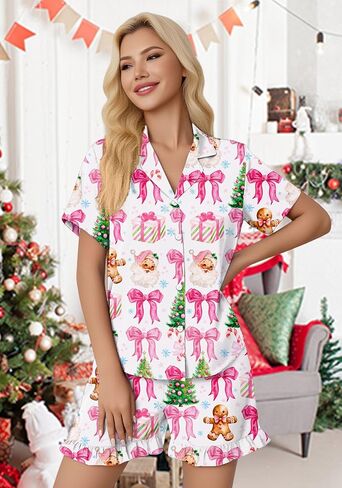 عيد الميلاد منامة مجموعات النساء عيد الميلاد زر أسفل PJS مجموعة الحرير عطلة Vneck ملابس خاصة سانتا قصيرة الأكمام مجموعة ملابس النوم in Kuwait
