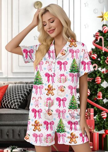 عيد الميلاد منامة مجموعات النساء عيد الميلاد زر أسفل PJS مجموعة الحرير عطلة Vneck ملابس خاصة سانتا قصيرة الأكمام مجموعة ملابس النوم in Kuwait