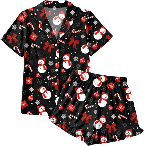عيد الميلاد منامة مجموعات النساء عيد الميلاد زر أسفل PJS مجموعة الحرير عطلة Vneck ملابس خاصة سانتا قصيرة الأكمام مجموعة ملابس النوم in Saudi Arabia