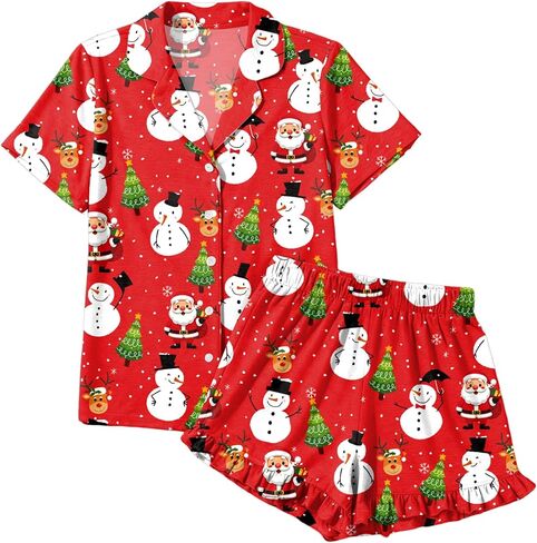 عيد الميلاد منامة مجموعات النساء عيد الميلاد زر أسفل PJS مجموعة الحرير عطلة Vneck ملابس خاصة سانتا قصيرة الأكمام مجموعة ملابس النوم in Kuwait